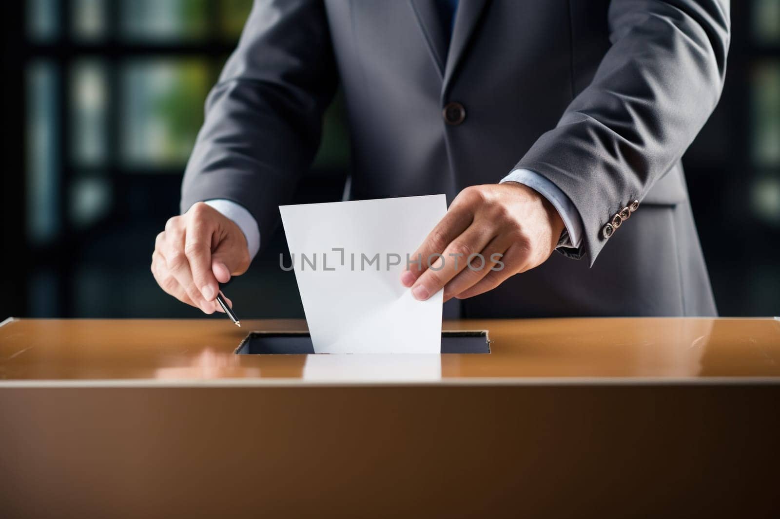 A male voter places a ballot in the ballot box. The concept of freedom, democracy. Blurred background.