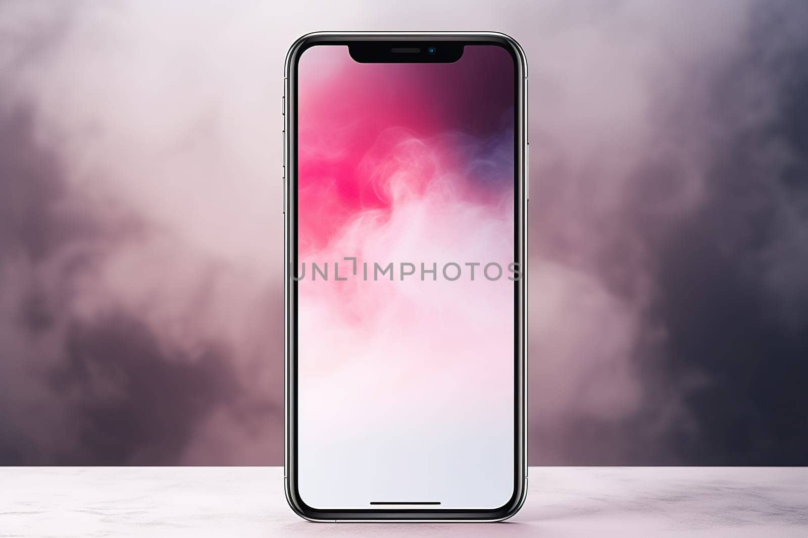 Smartphone with pink smoke screensaver on the screen. Blurred background. Generated by artificial intelligence by Vovmar