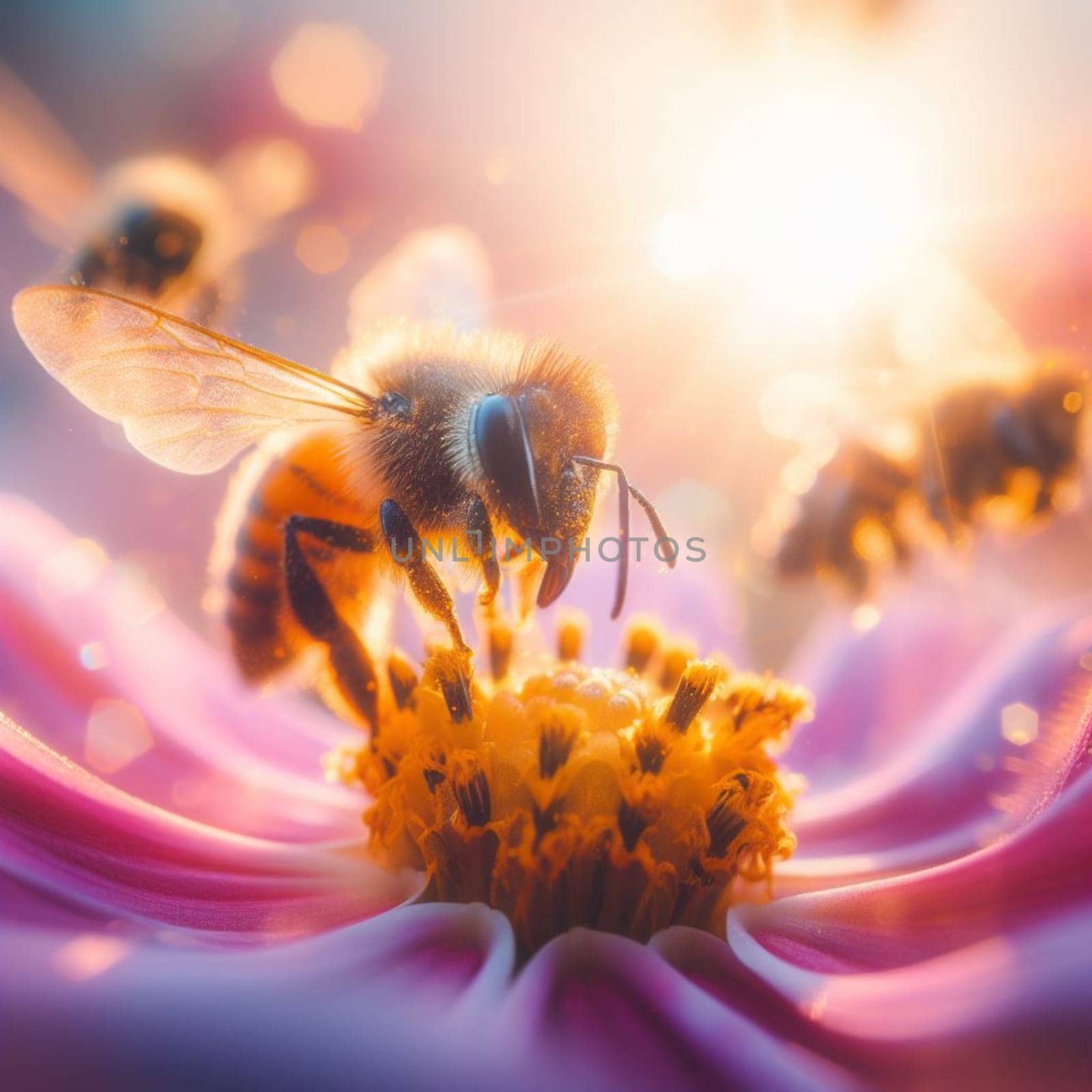 bee pollinize flower at sunrise macro close up shot by verbano