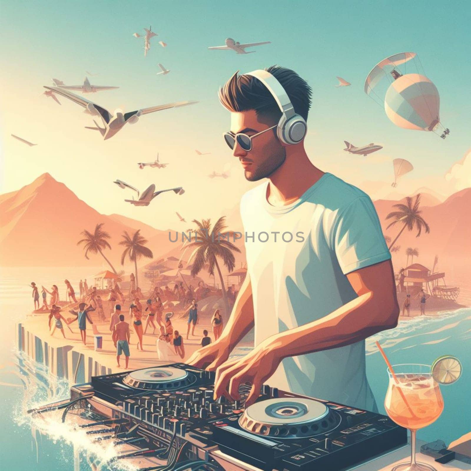 young deejay, wear glasses earphone hosting dj set at crowded beach party tropical island isometric by verbano