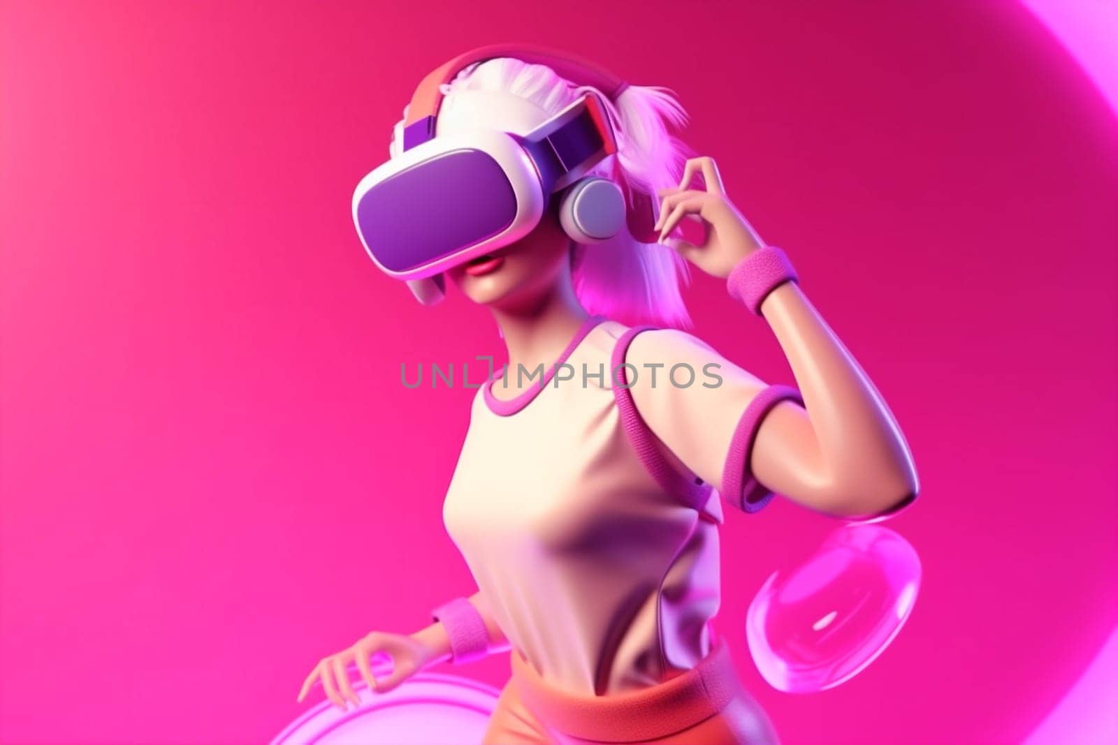 woman science happy fly concept yoga game young metaverse innovation reality creative internet neon gadget digital cyber sport virtual vr glasses. Generative AI.