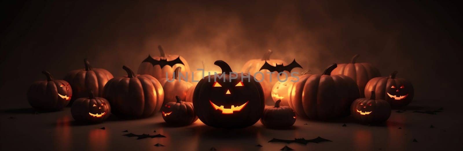 blue fear halloween wooden table mystery horror bat night background pumpkin. Generative AI. by Vichizh