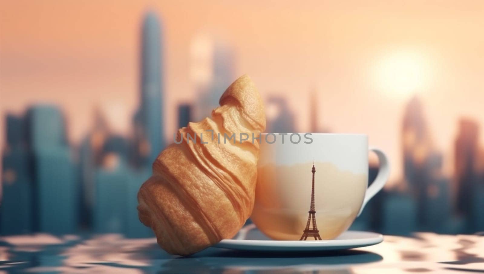 bar food europa drink france paris morning landmark dessert europe eating european fresh bakery french breakfast croissant landscape cup table. Generative AI.