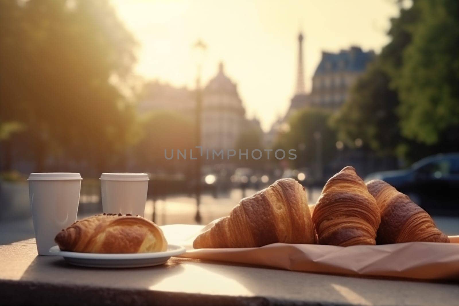 food eiffel table drink bar coffee breakfast cup paris french tower bake pastry dessert tower france croissant morning delicious city fresh. Generative AI.