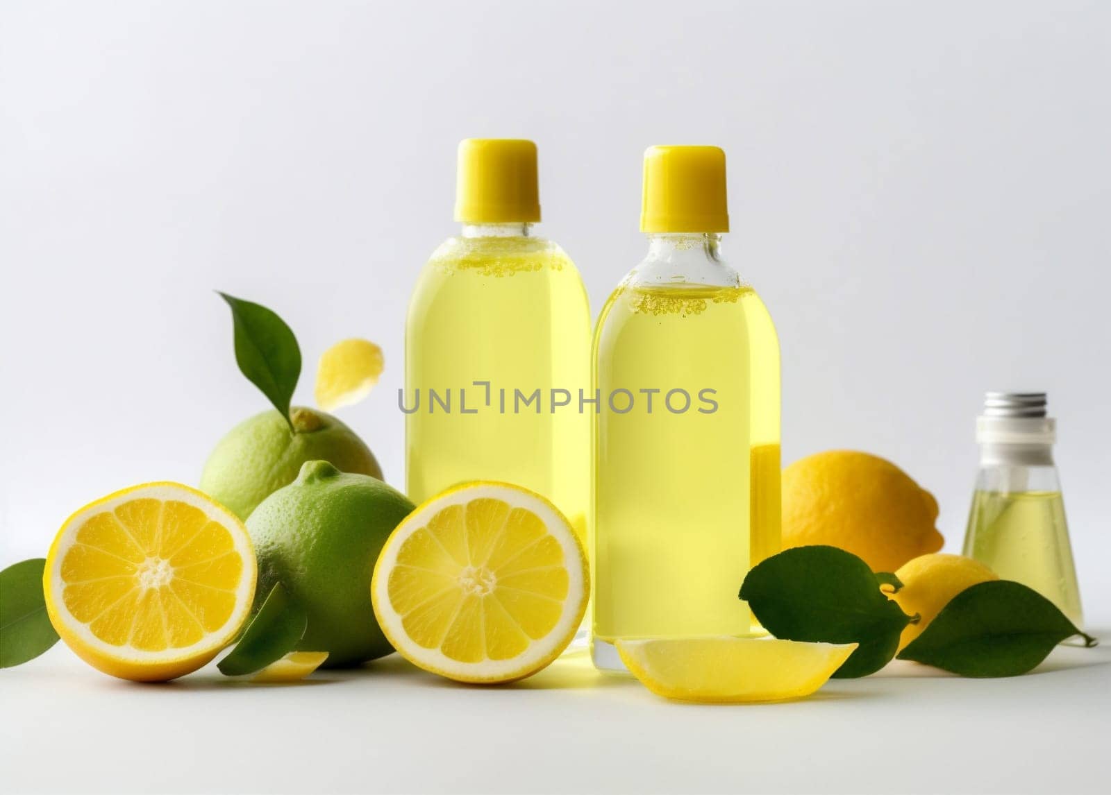 organic treatment oil bottle lime spa body skincare natural lemon. Generative AI. by Vichizh