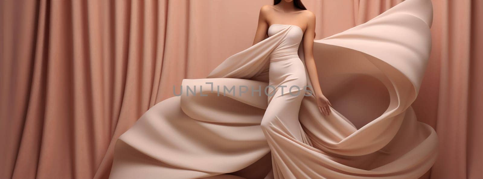 woman elegant flowing girl white young fly beautiful silk fabric dress beauty flying fluttering isolated beige fashion background wind dynamic creative elegance. Generative AI.