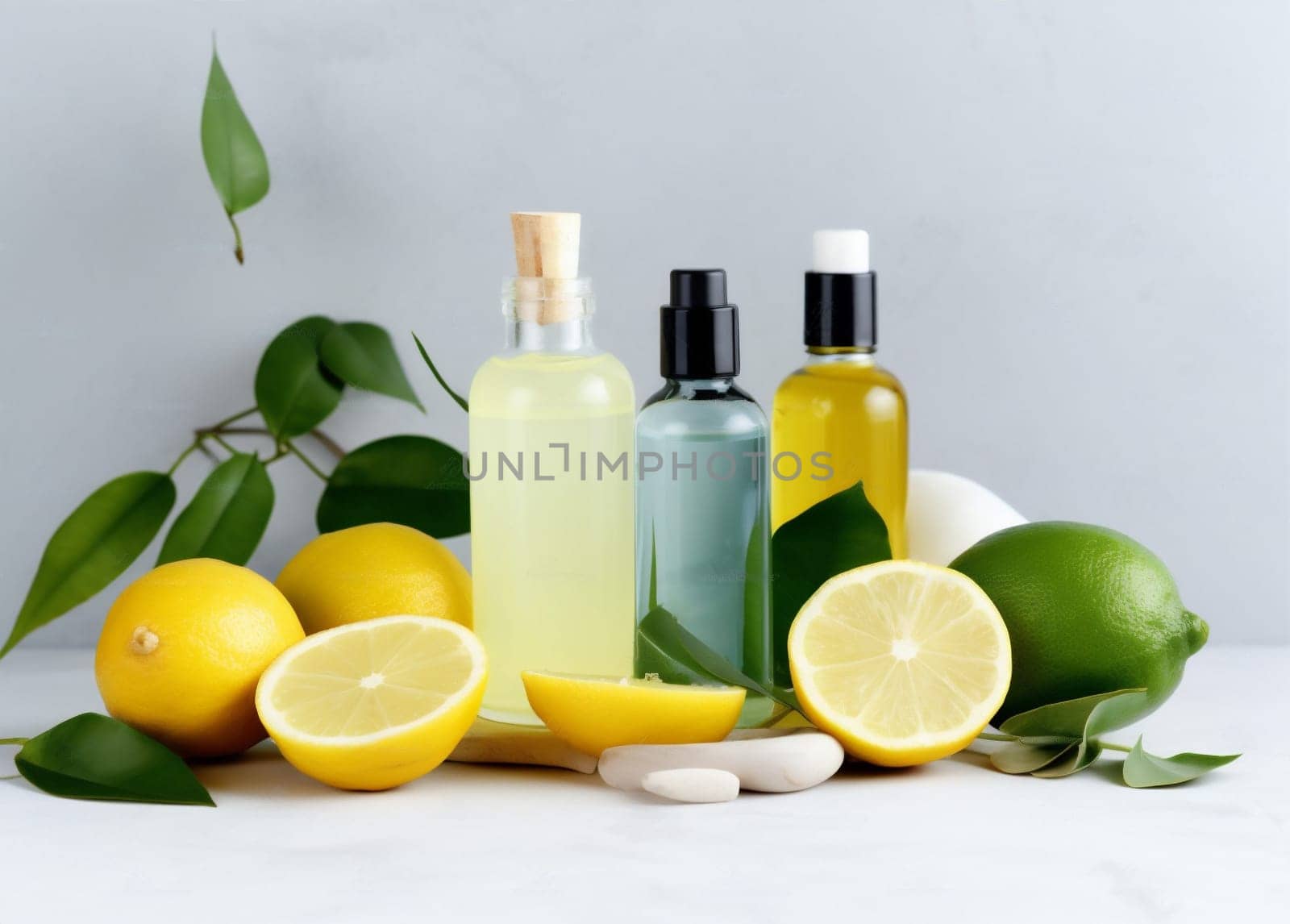 skincare lime oil lemon organic bottle spa natural treatment body. Generative AI. by Vichizh