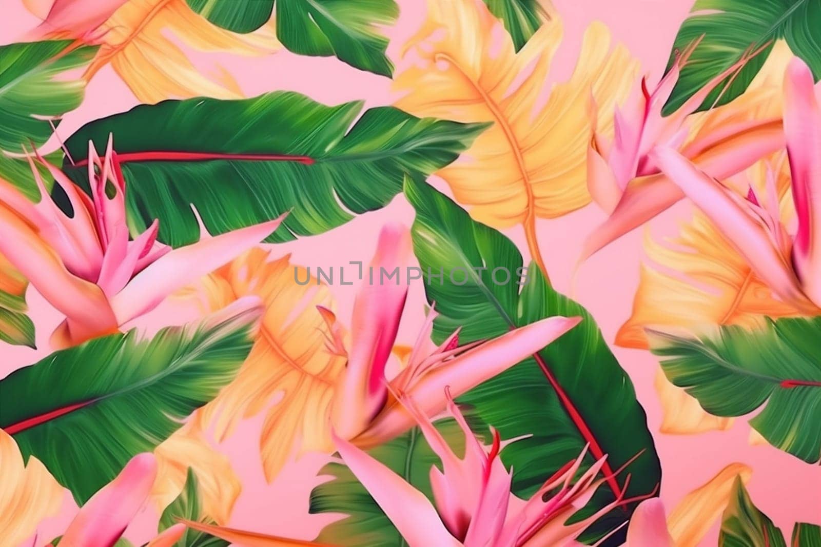 hibiscus spring background trendy garden jungle hawaii flower design art colorful illustration tropical textile orange pink leaf hawaiian seamless pattern. Generative AI.