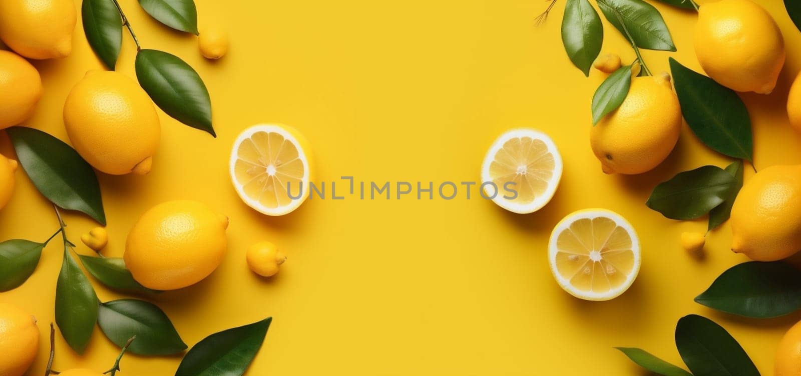 art lay close-up background leaf lemon group freshness fresh lime summer fruit juicy design concept healthy minimal colorful yellow food natural. Generative AI.