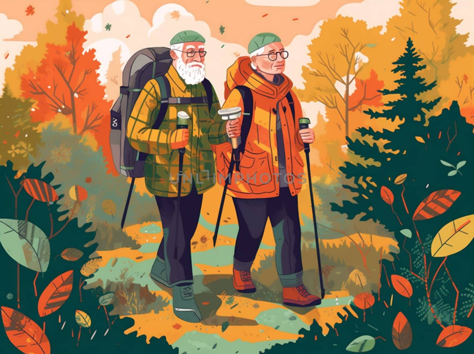 hiking trekking old grandfather walking couple happy senior elderly active. Generative AI. by Vichizh