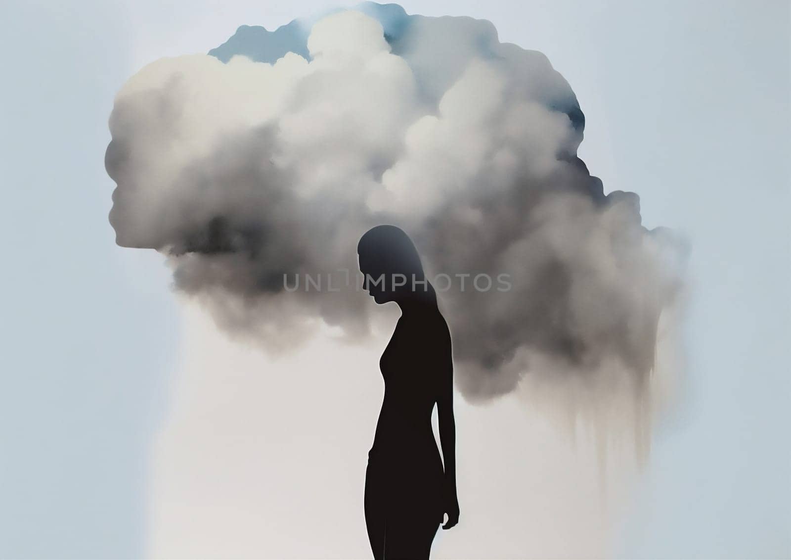 cloud woman man feelings face dream head vision concept hands creative conceptual folded idea mind adult dramatic drawing abstract poster fantasy black. Generative AI.