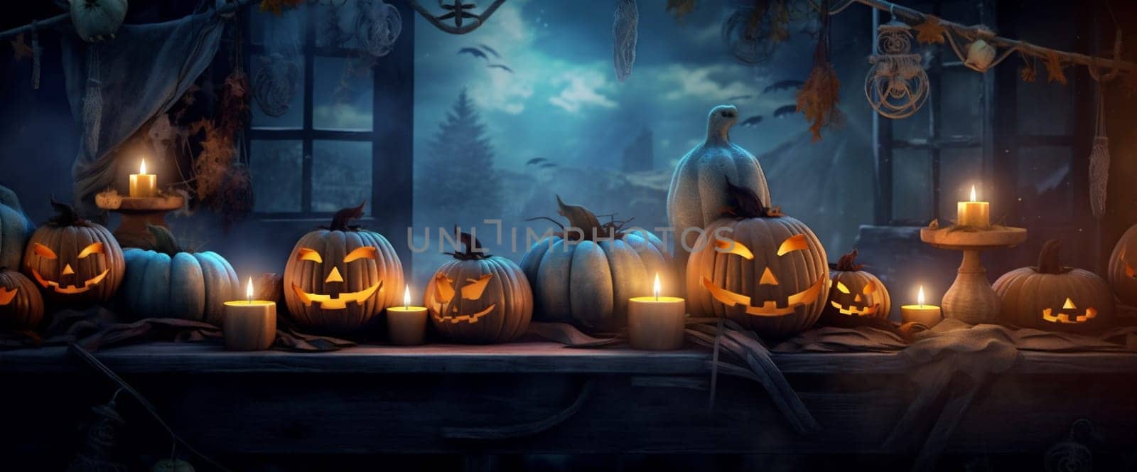 halloween poster blue table background mystery glowing evil scary tree sky wood candle fear horror jack-o-lantern light spooky night pumpkin cemetery. Generative AI.