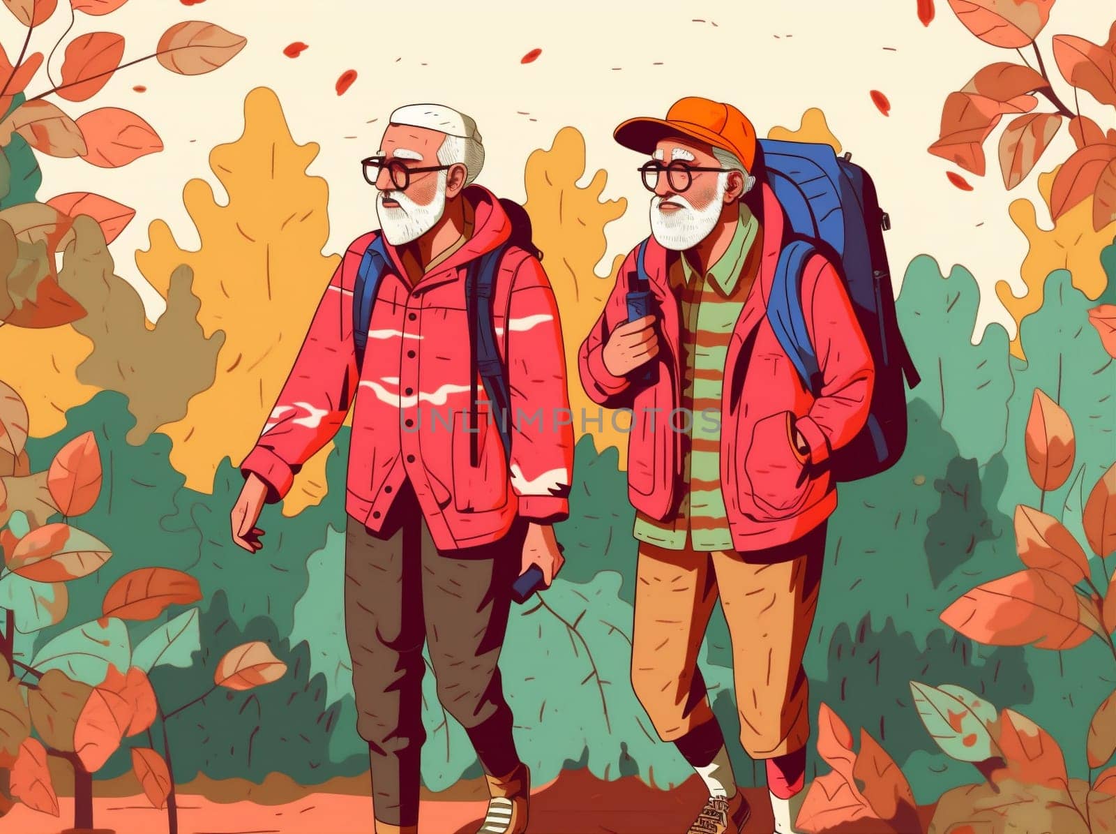 walking trekking couple happy grandfather elderly active hiking old senior. Generative AI. by Vichizh
