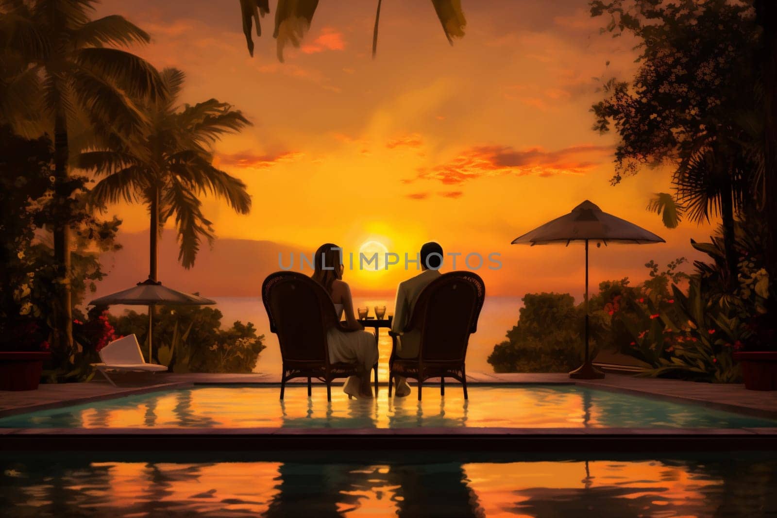 romantic sunset swimming vacation pool honeymoon travel back couple relax. Generative AI. by Vichizh