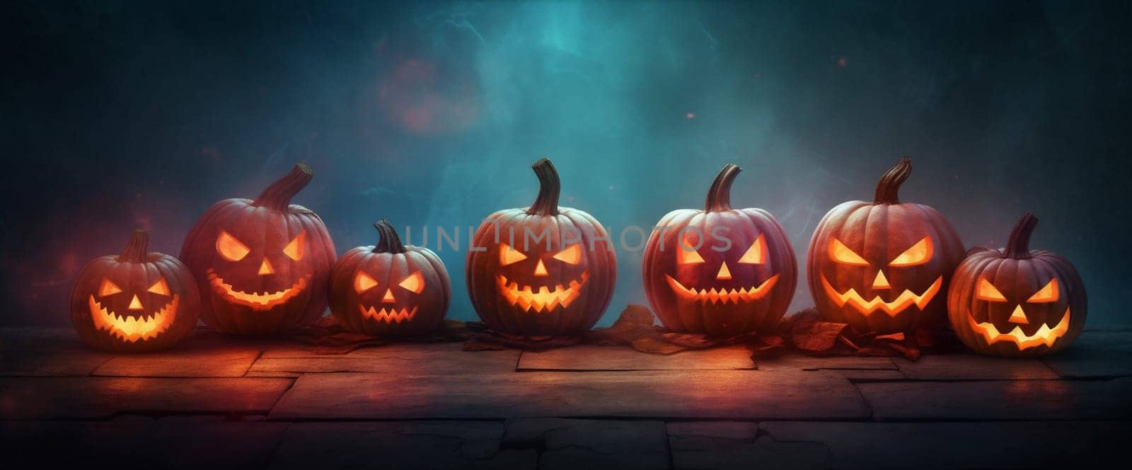 night fear halloween background table blue pumpkin horror mystery evil jack-o-lantern. Generative AI. by Vichizh