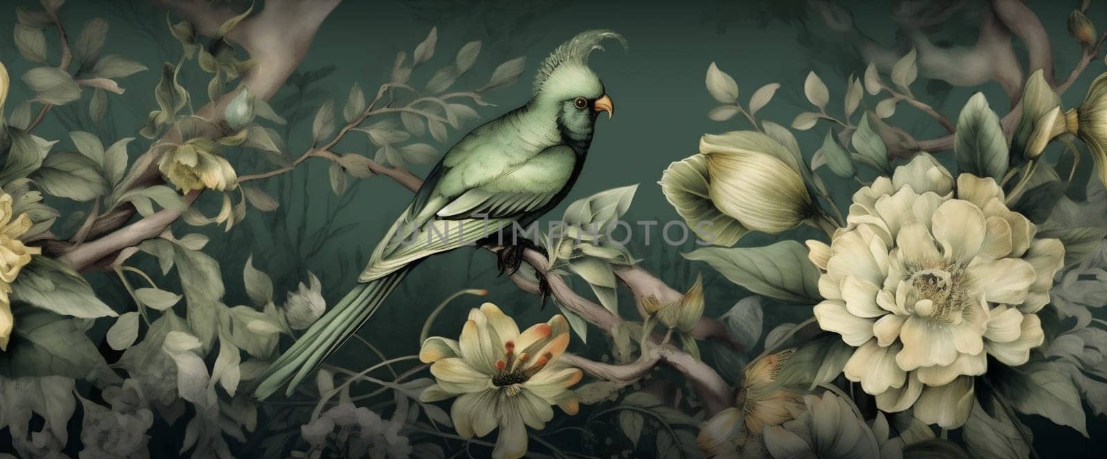 jungle wallpaper tropical nature palm exotic bird leaf flower art. Generative AI. by Vichizh