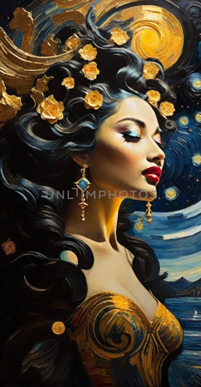 swirling impressionist sky, european village, a carved fantastical womanclose up portrait, gold blue by verbano