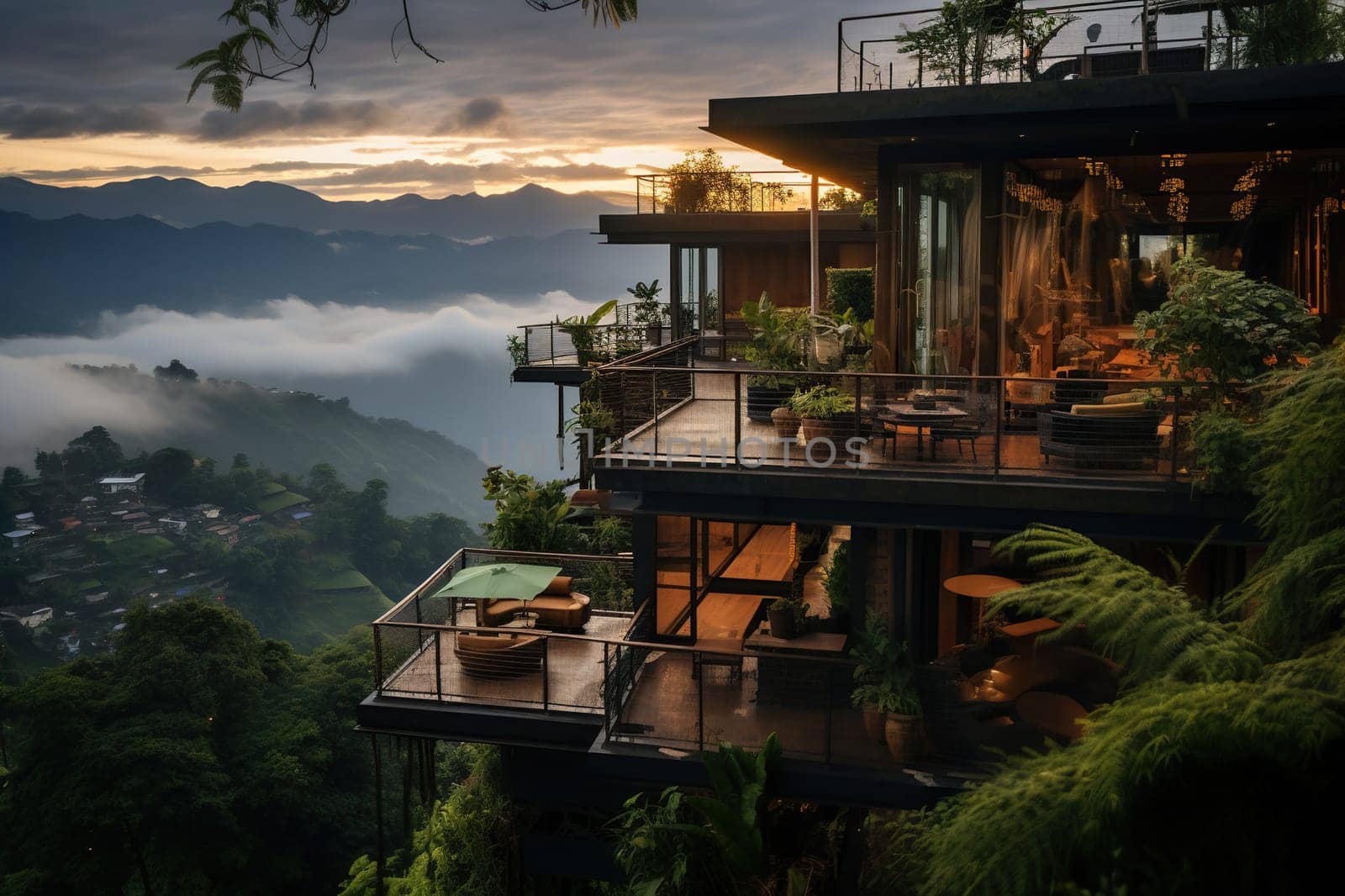 Modern villa in the mountains with stunning sunset views. Sun rays and fog. Observation deck of a luxury hotel.