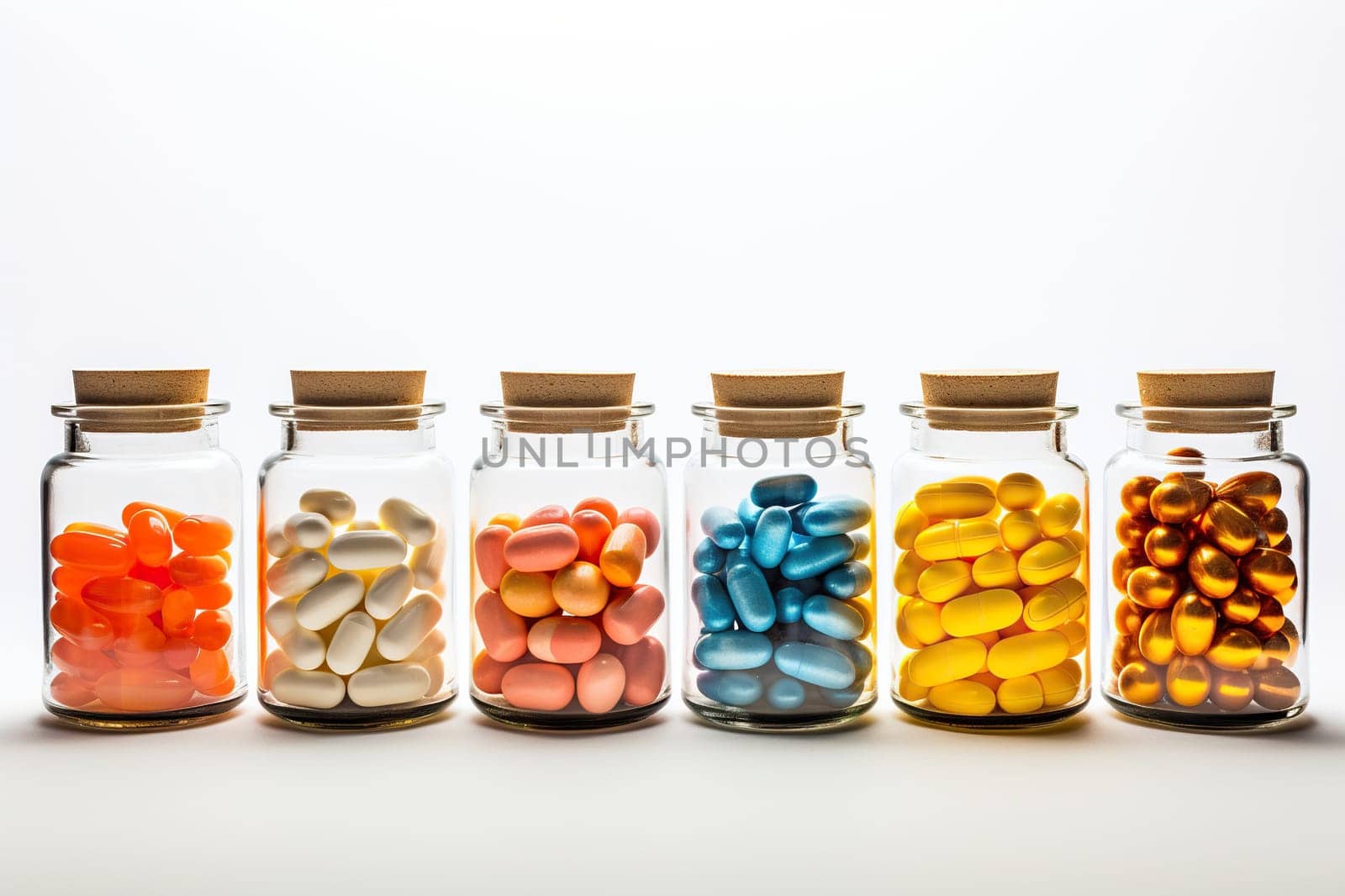 Six glass jars with different pills, vitamins on a white background.