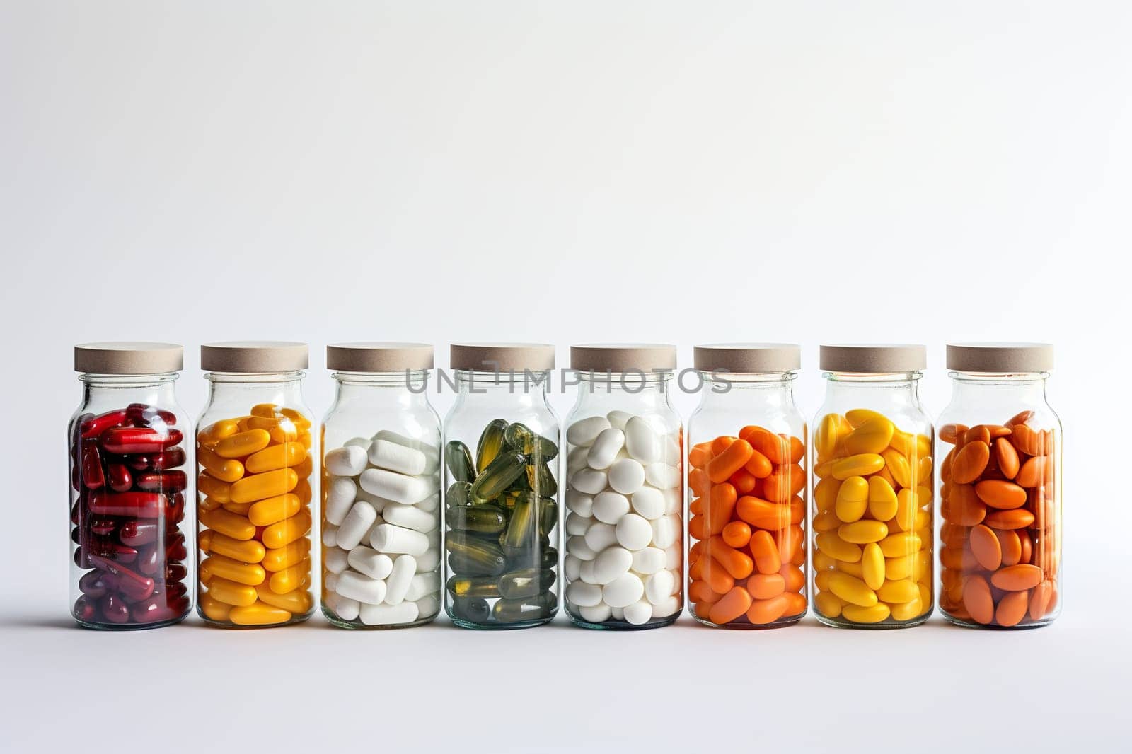 Eight glass jars with different pills, vitamins on a white background.