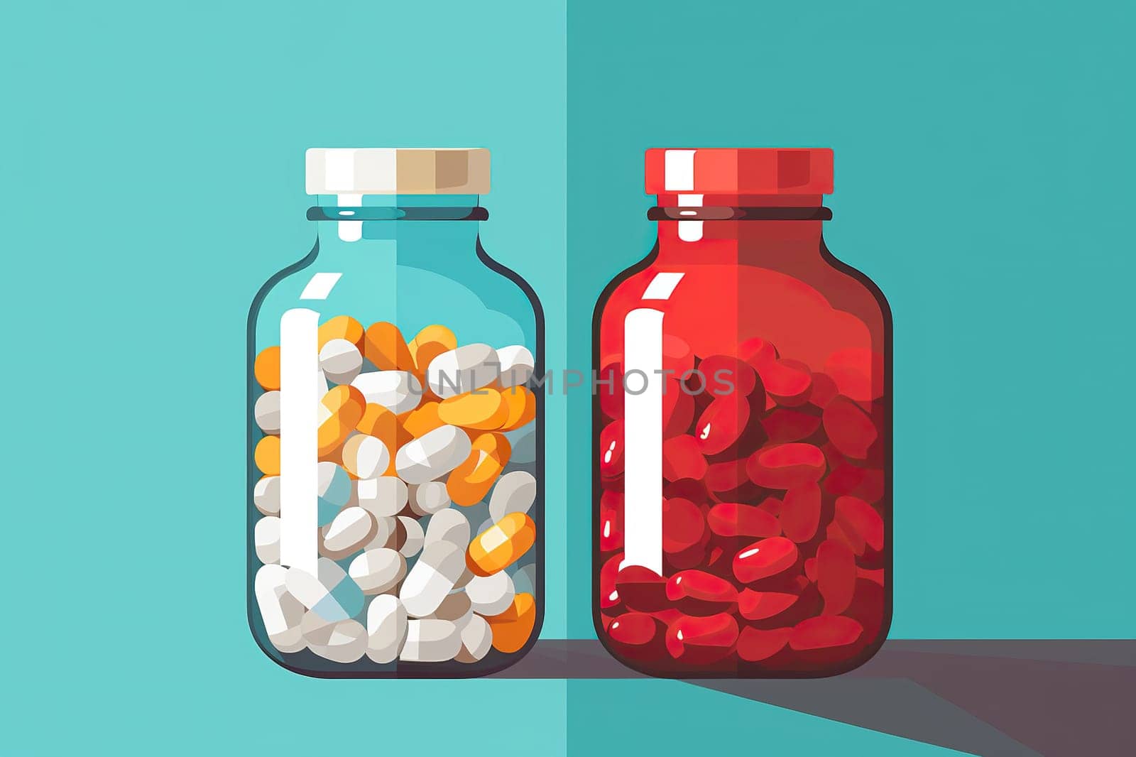 Two jars with color pills, vitamins on a blue background in a flat style.