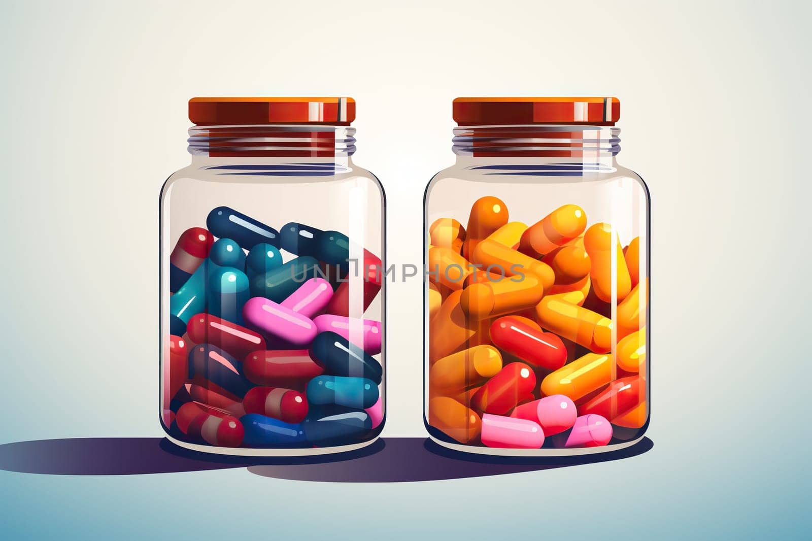 Two jars with color pills, vitamins on a white background in a flat style.
