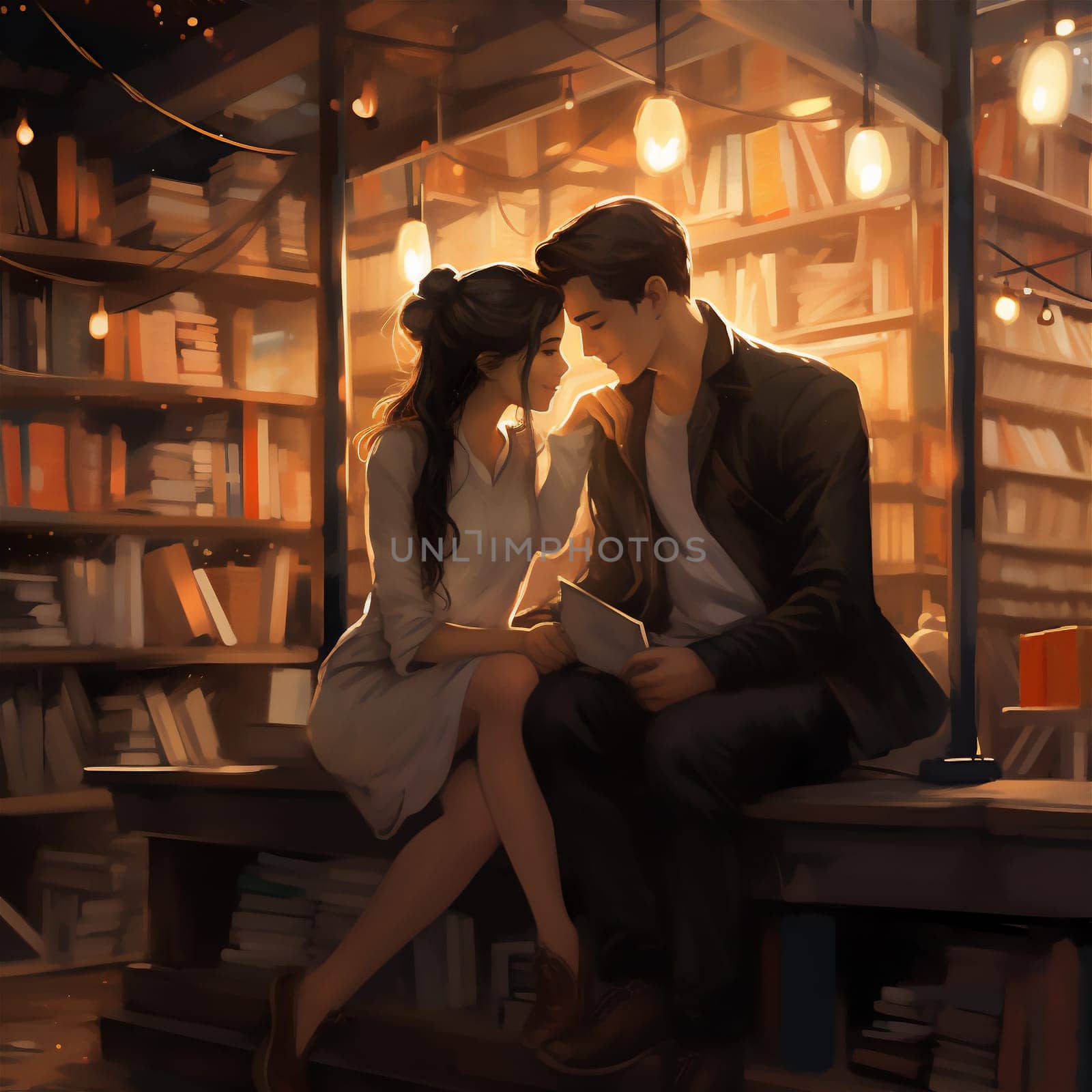 Beautiful and artistic digital painting of couple reading books in a cozy bookstore. The background is full of bookshelves and hanging lights, creating cozy atmosphere with warm and romantic mood