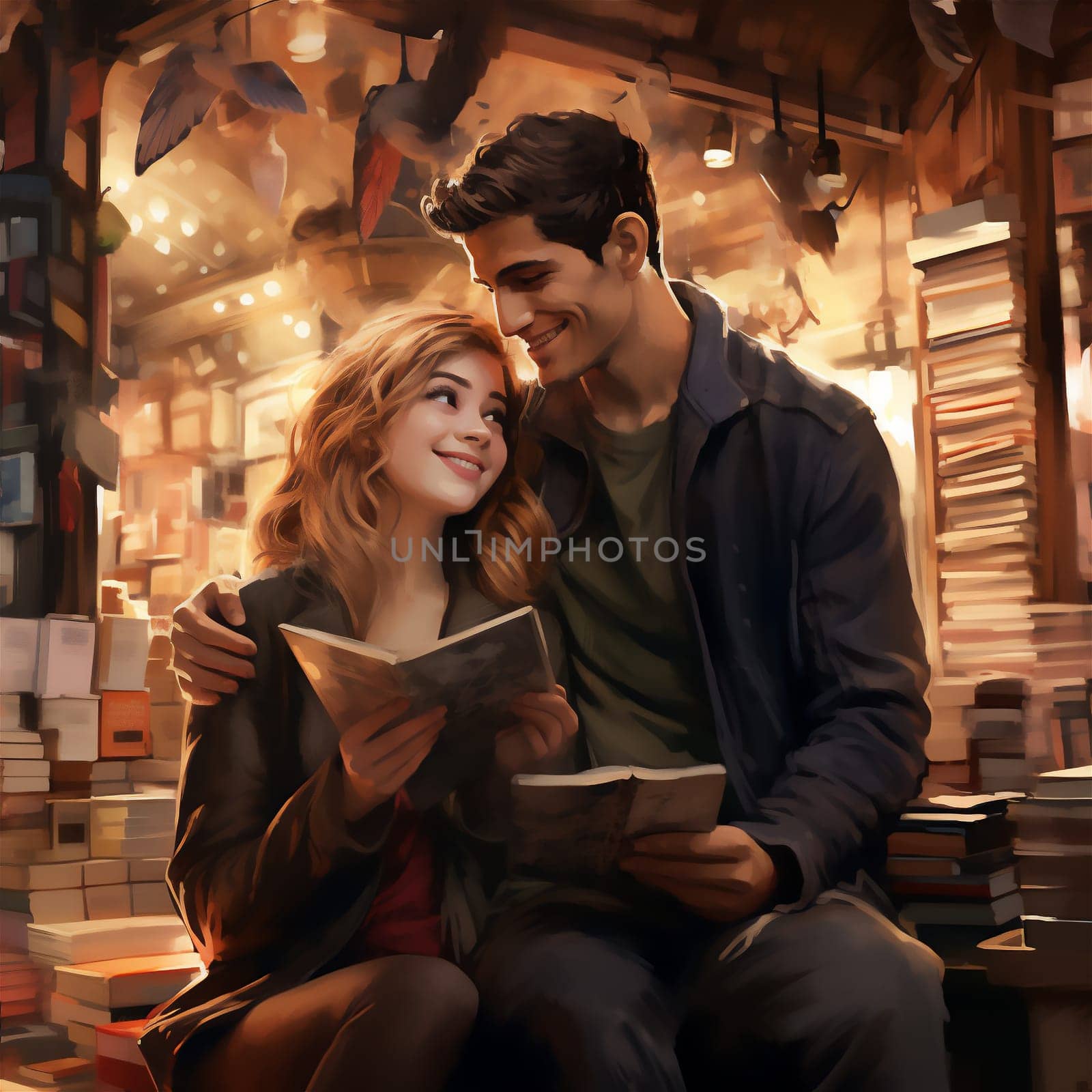Beautiful and artistic digital painting of couple reading books in a cozy bookstore. The background is full of bookshelves and lights, creating cozy and inviting atmosphere with warm and romantic mood