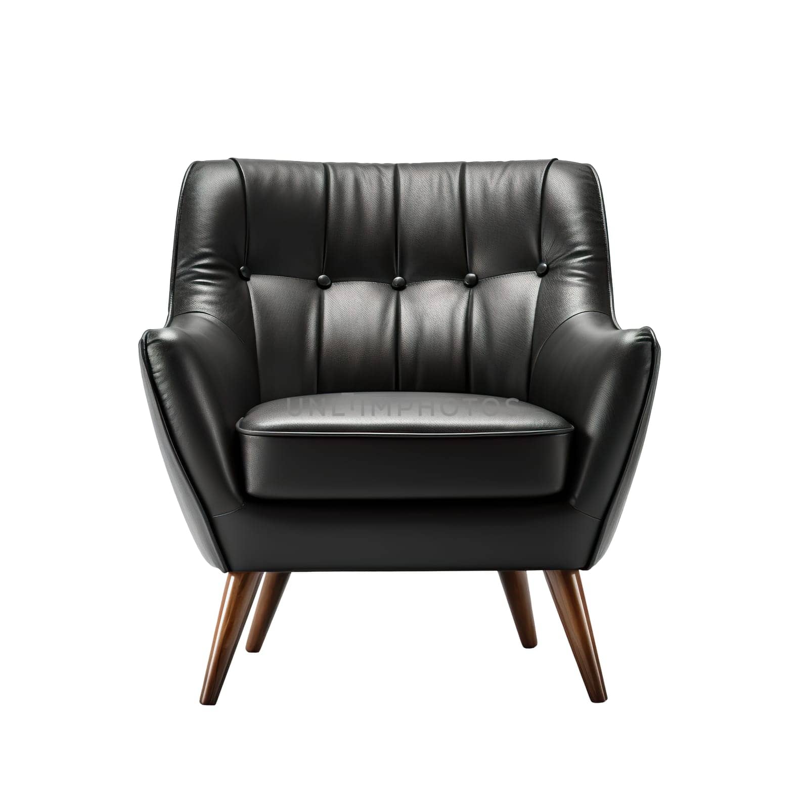 Elegant mid-century modern lounge chair with a tufted black leather seat and splayed wooden legs, ideal for sophisticated interiors. Armchair isolated on white background. Front view. Generative AI
