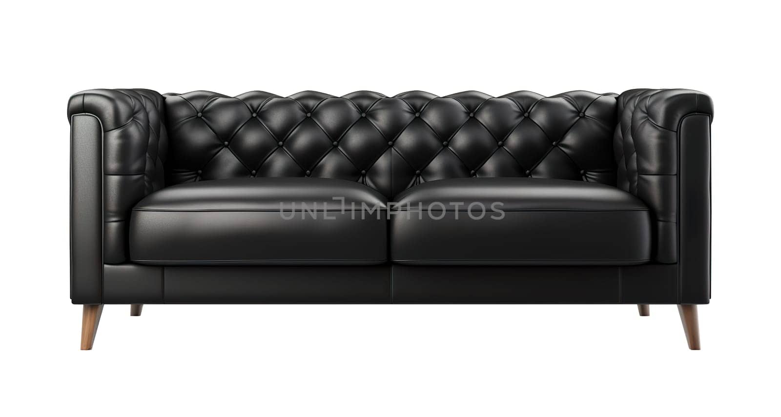 Elegant, classic black leather sofa, embodying sophistication and timeless design, isolated on white background. Cut out furniture. Front view. Generative AI