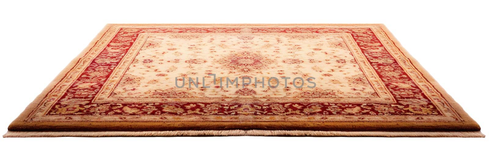 Elegant traditional Persian carpet with intricate red and gold patterns, fringed edges, ideal for classic interiors, isolated on a white background. Cut out home decor. Front view. Generative AI