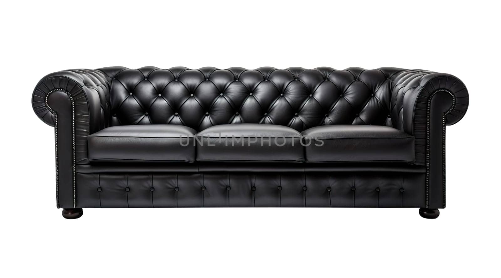 Elegant, classic black leather sofa, embodying sophistication and timeless design, isolated on white background. Cut out furniture. Front view. Generative AI