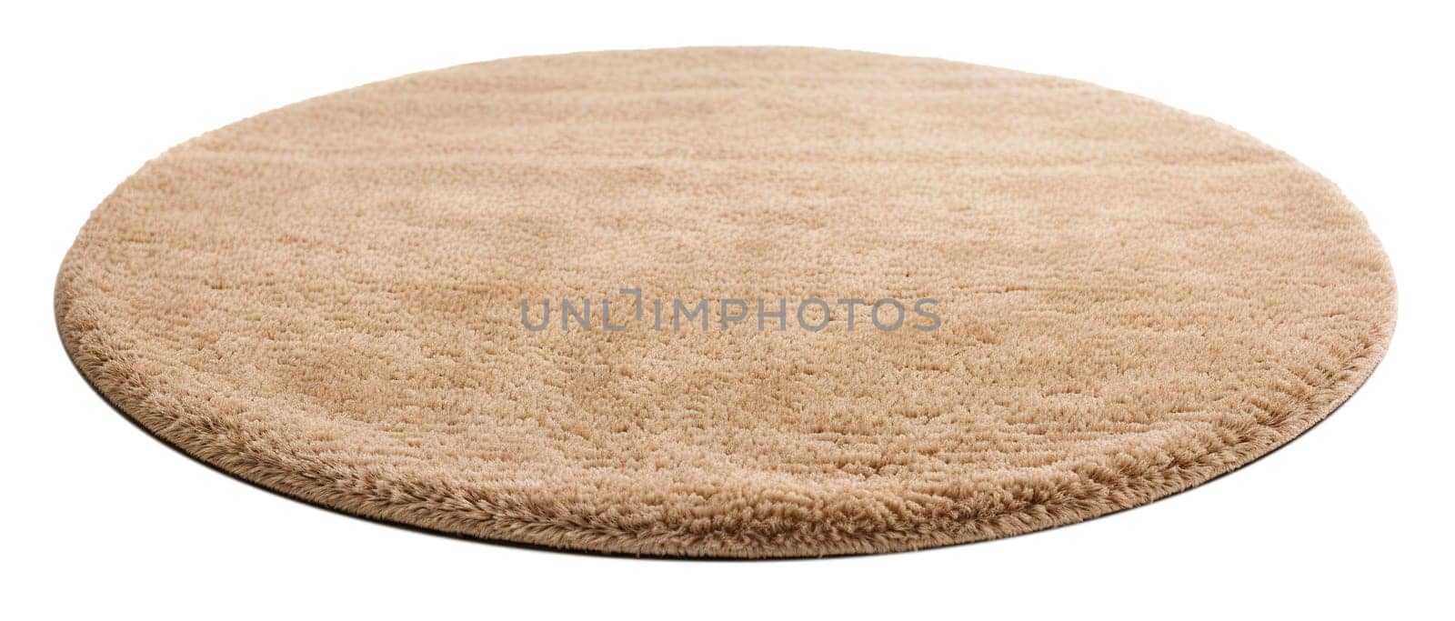 High-quality, plush beige round carpet with a detailed soft texture, perfect for modern home interiors, isolated on a white background. Cut out home decor. Front view. Generative AI
