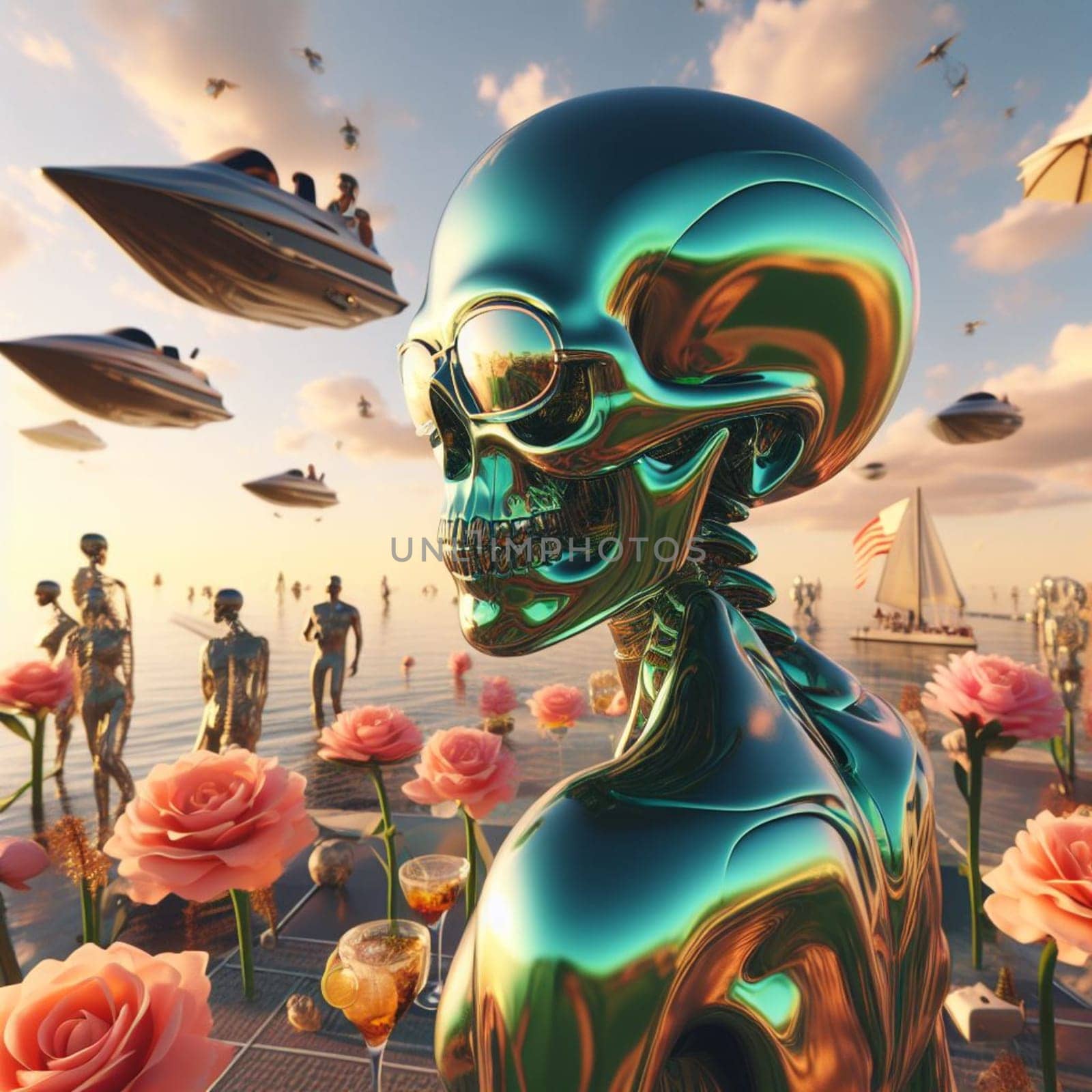 metallic alien dj with human skull, wearing glasses earphone dj of beach party in tropical island generative ai art