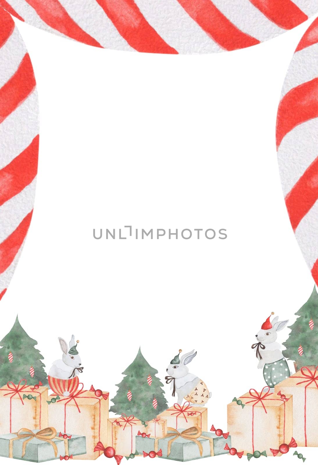 Watercolor Christmas card with cute bunnies and gift boxes. Frame with rabbits template on a white background for holiday cards and invitations.