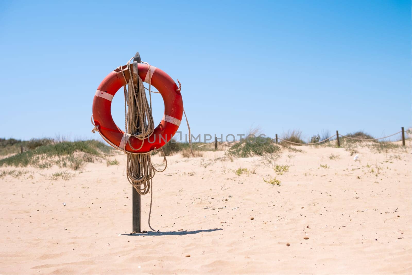 orange lifebuoy on the seashore, close-up,lifebuoy on the beach in the sand by PopOff