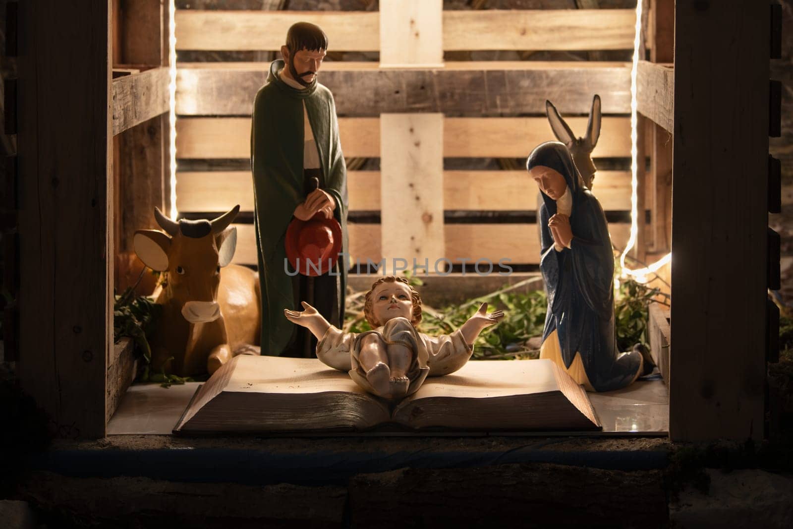 Christmas creche with Joseph Mary and small Jesus