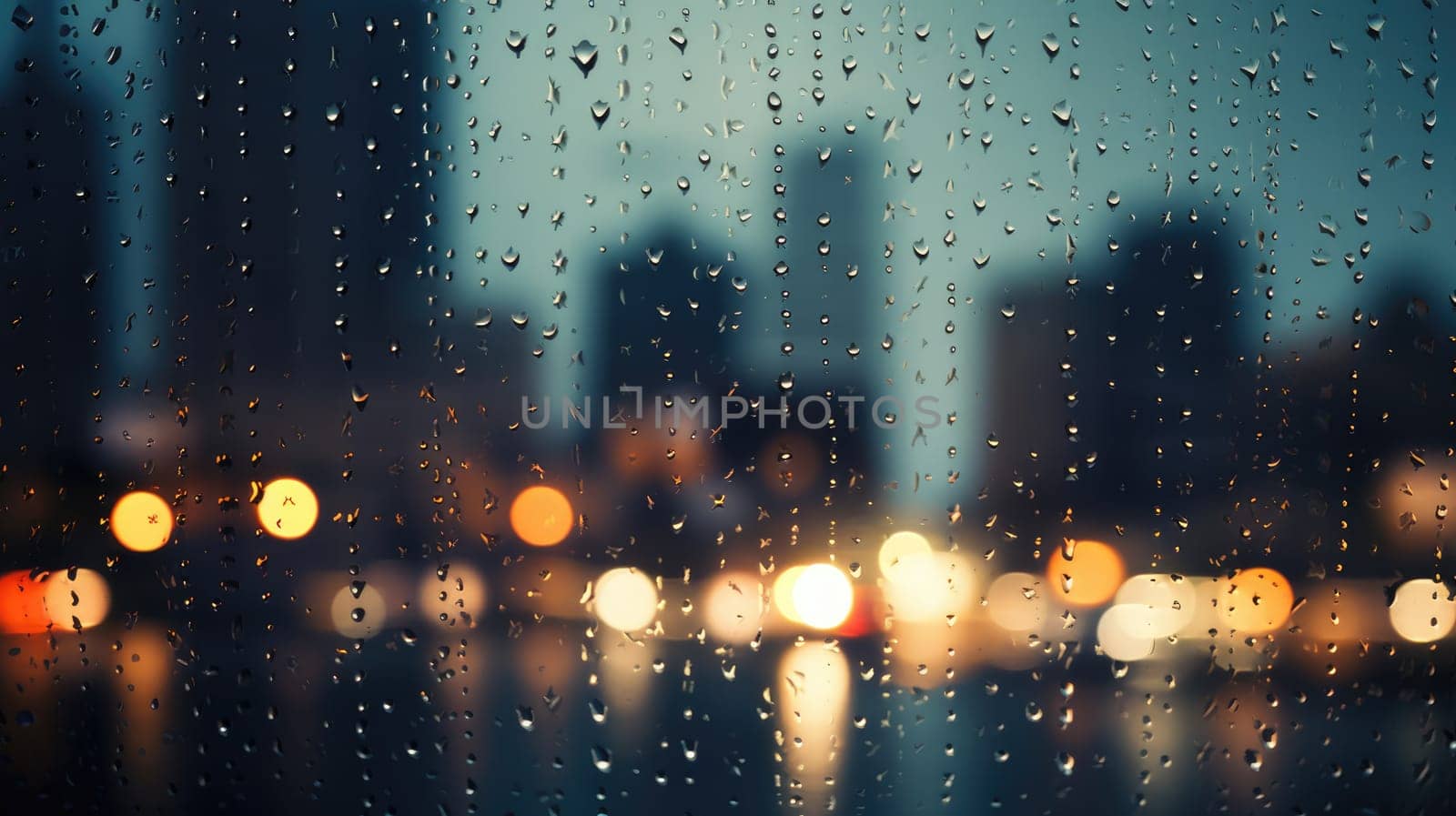 Raindrops on glass against a blurry night city background. Bokeh and raindrops at night AI