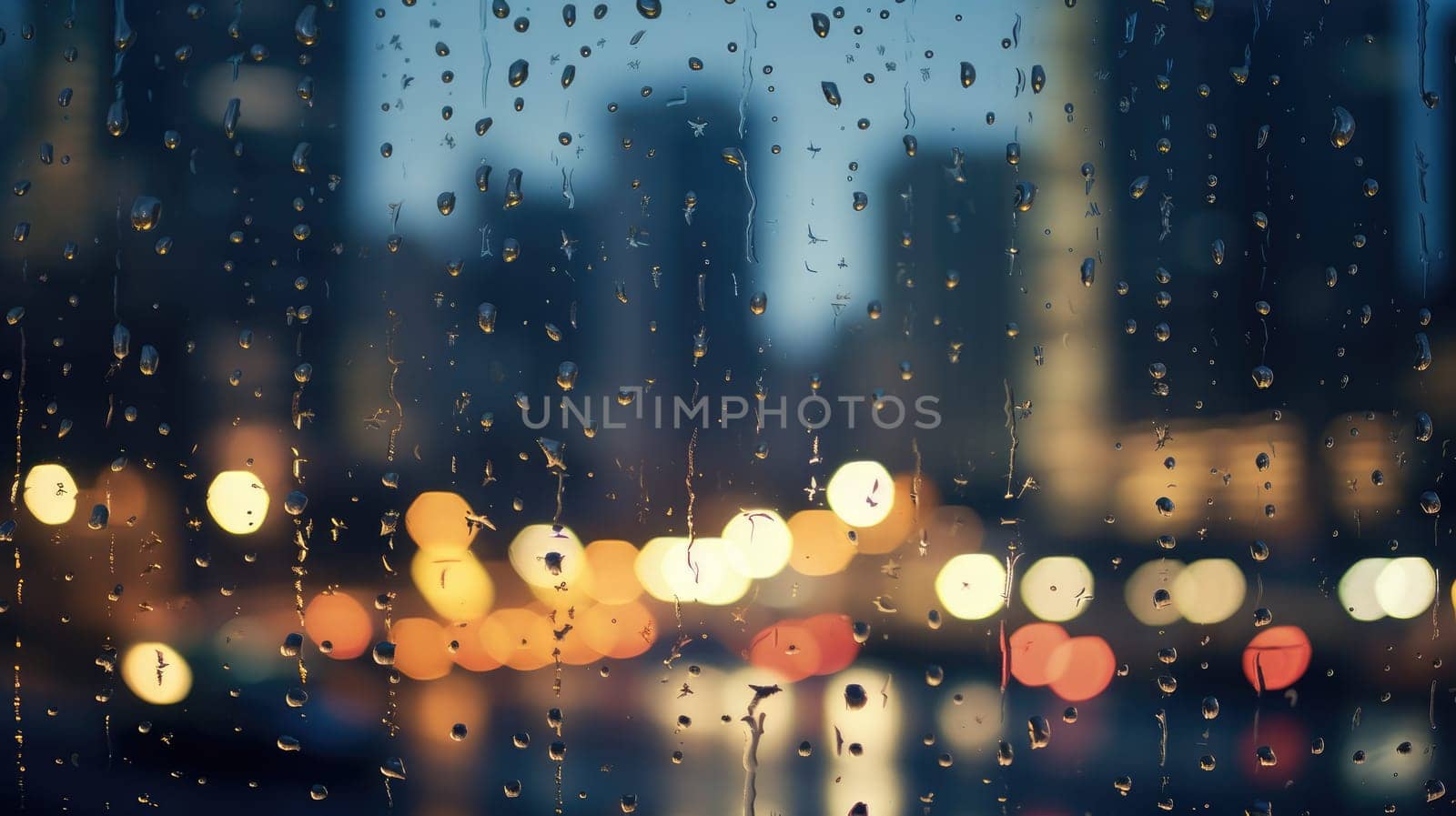 Raindrops on glass against a blurry night city background. Bokeh and raindrops by natali_brill