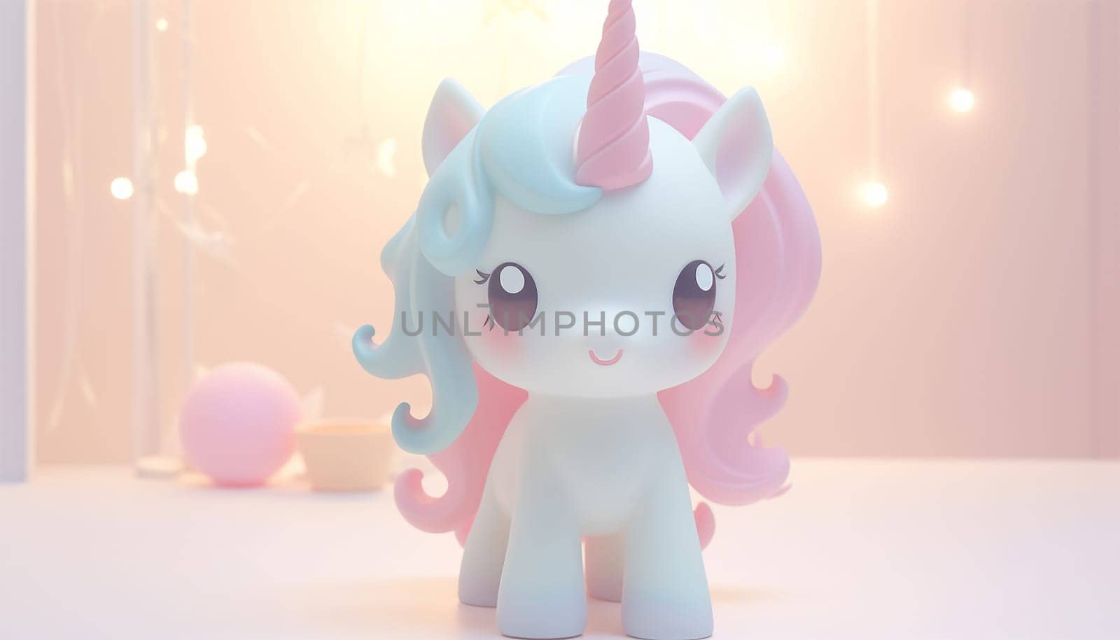 Cute unicorn pastel colored background. Magic fairy tale character unicorn 3d illustration for girls. Magic fairy tale unicorn print for clothes, stationery, books, goods. Toy Unicorn 3D character banner, background. Copy space by Annebel146