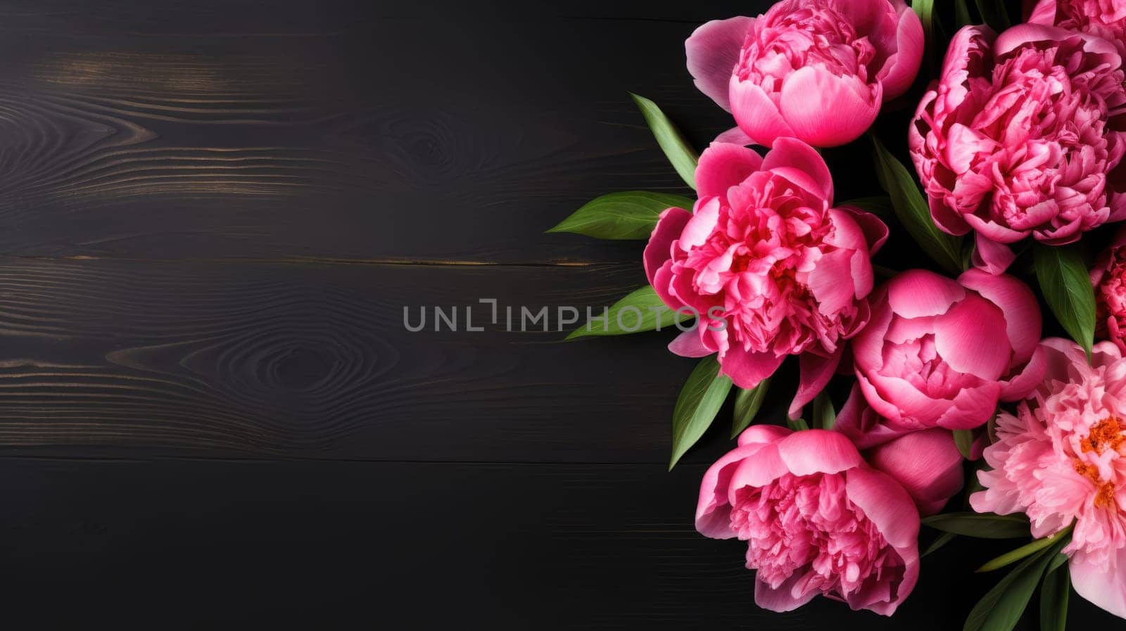Floral banner. Bouquet of pink peonies on a black background. Minimalistic composition in a dark key. Top view AI