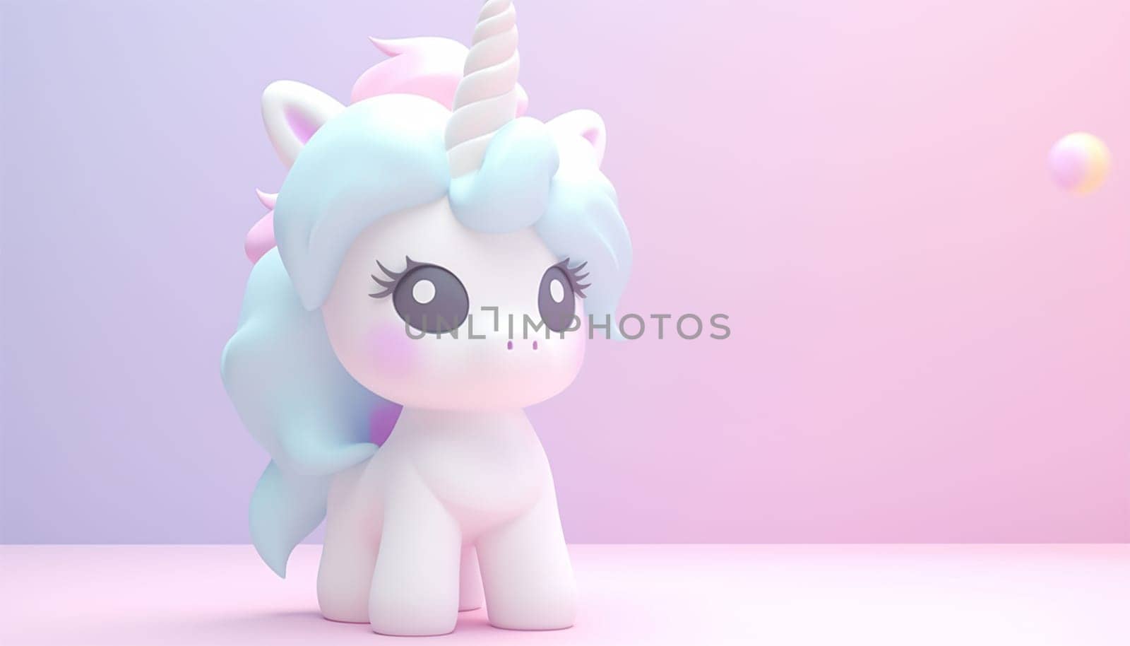 Cute unicorn pastel colored background. Magic fairy tale character unicorn 3d illustration for girls. Magic fairy tale unicorn print for clothes, stationery, books, goods. Toy Unicorn 3D character banner, background. Copy space by Annebel146
