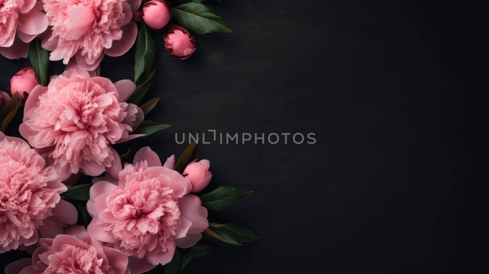 Floral banner. Bouquet of pink peonies on a black background by natali_brill