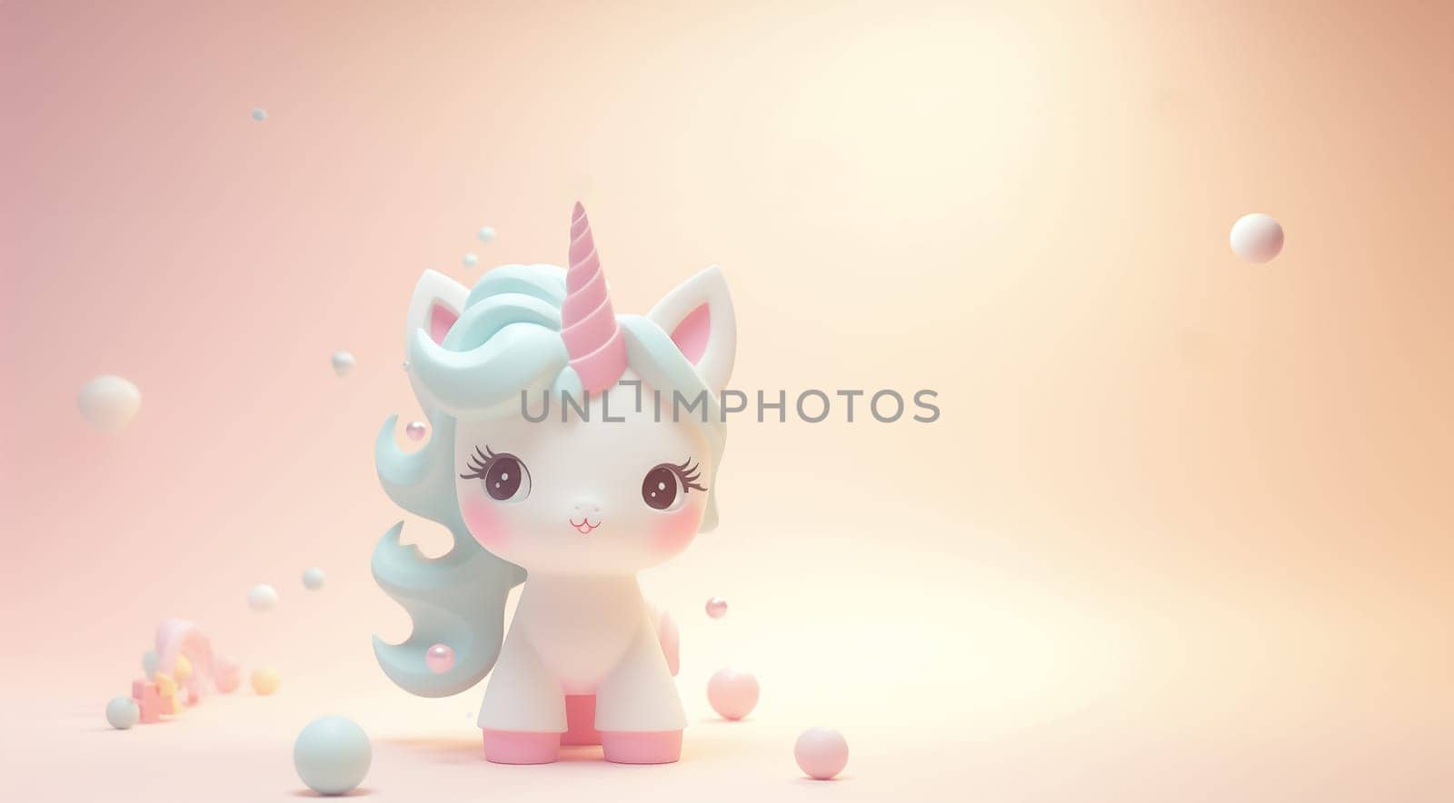 Cute unicorn pastel colored background. Magic fairy tale character unicorn 3d illustration for girls. Magic fairy tale unicorn print for clothes, stationery, books, goods. Toy Unicorn 3D character banner, background. Copy space by Annebel146