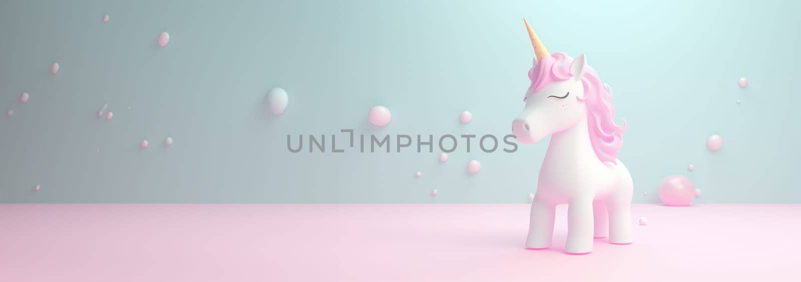 Cute unicorn pastel colored background. Magic fairy tale character unicorn 3d illustration for girls. Magic fairy tale unicorn print for clothes, stationery, books, goods. Toy Unicorn 3D character banner, background. Copy space Space for text web banner