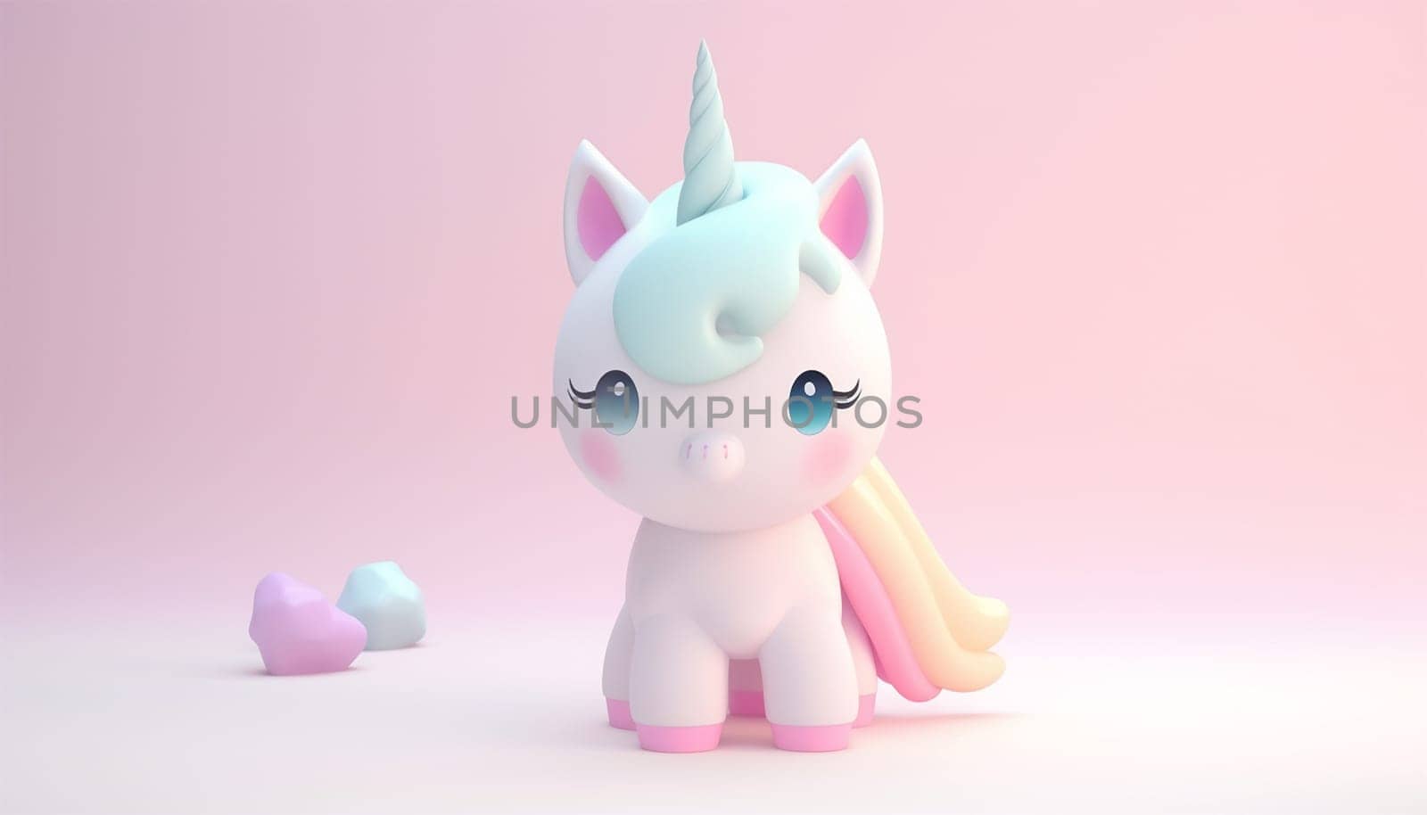 Cute unicorn pastel colored background. Magic fairy tale character unicorn 3d illustration for girls. Magic fairy tale unicorn print for clothes, stationery, books, goods. Toy Unicorn 3D character banner, background. Copy space by Annebel146