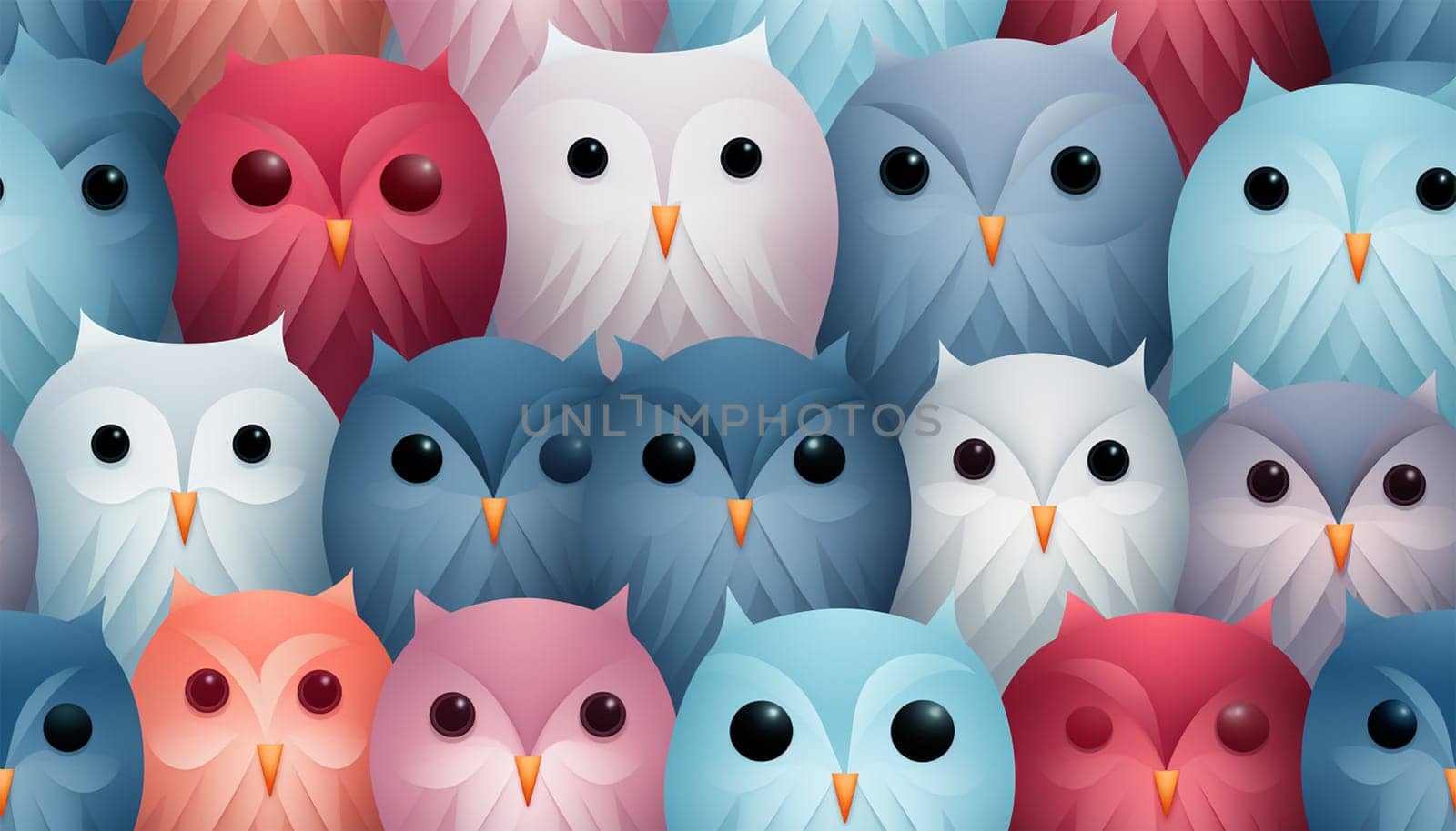 Cute owls seamless pattern. Funny forest background. Pastel bright colored illustration. Colorful