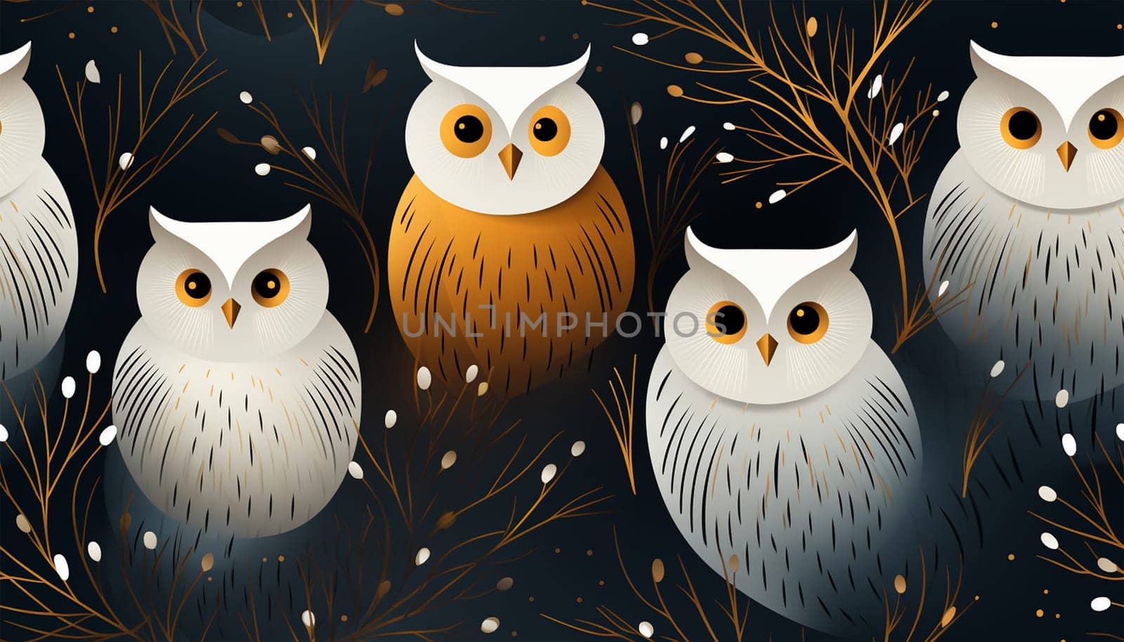 Cute owl pattern gold lines. Seamless pattern with tree branches and forest birds owls. illustration art. Natural design for textiles, paper, wallpapers. Print of gold foil. colorful