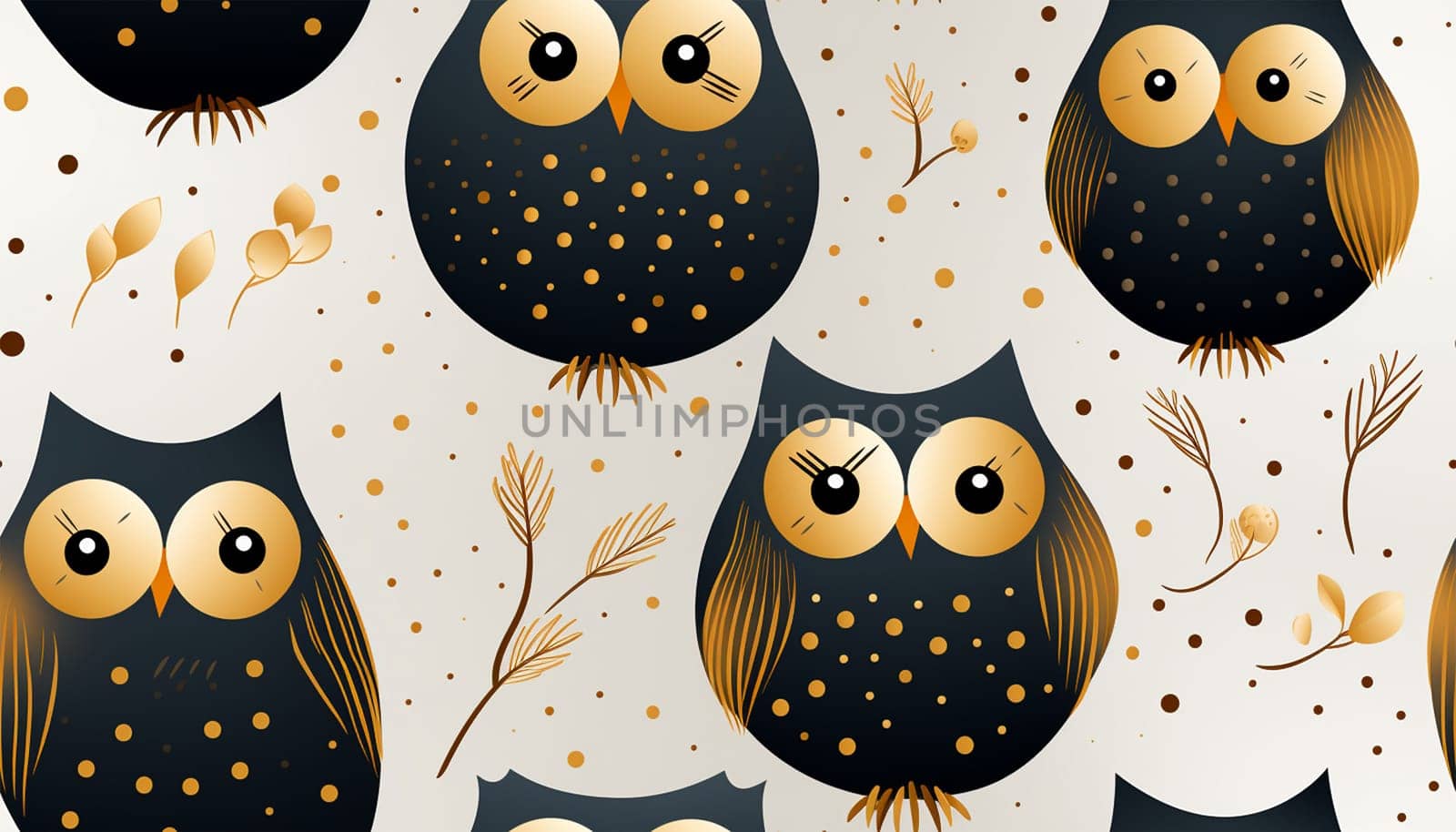 Cute owl pattern gold lines. Seamless pattern with tree branches and forest birds owls. illustration art. Natural design for textiles, paper, wallpapers. Print of gold foil. colorful