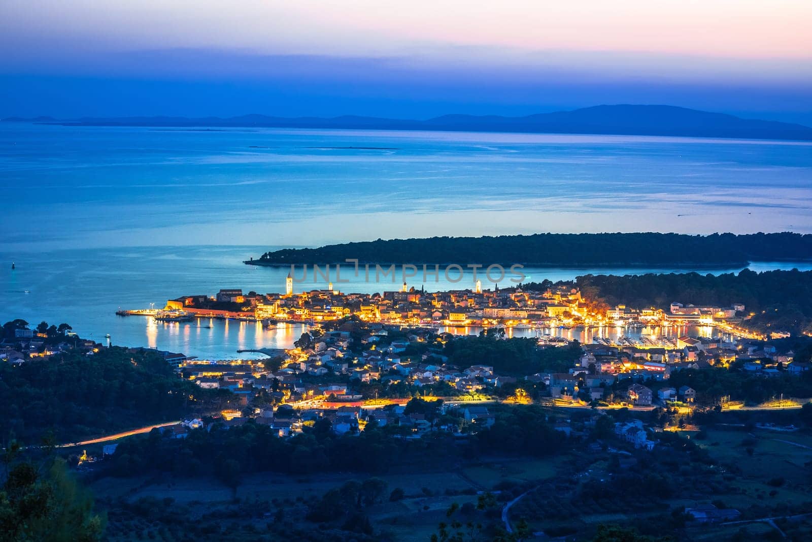 Historic town of Rab evening panoramic view, Island of Rab, Adriatic archipelago of Croatia